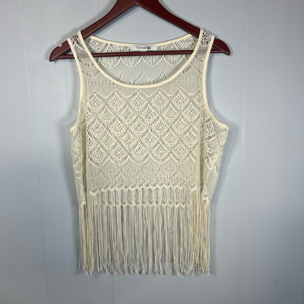 Forever 21 Crochet Fringe Tank Top Cream Boho Festival Hippie Coachella Womens L